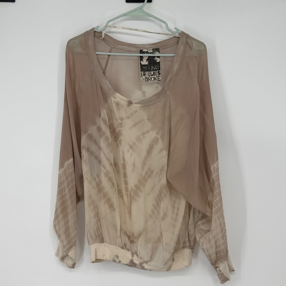 Young Fabulous & Broke Womens XS Tie Dye‎ Sheer Dolman Sleeve Blouse Tan Brown